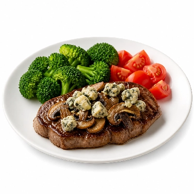 99 Restaurants Fit for You Mushroom Bleu Top Sirloin with Broccoli and Tomatoes