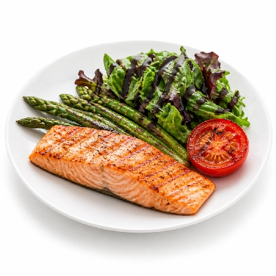 99 Restaurants Fresh Salmon with 3 Asparagus Tips Grilled Tomato & Spring Mix Salad Balsamic Drizzle