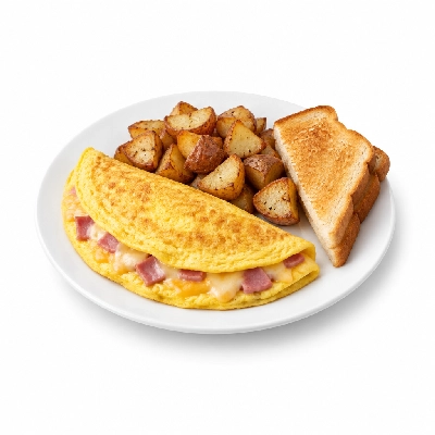 Amato's Pizza Breakfast 3 Egg Ham and Cheese Omelet with Homefries and Toast