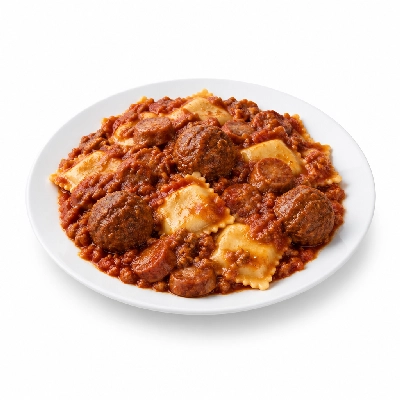 Amato's Pizza Pasta Buckets Ravioli Combo with 4 Meatballs and 4 Sausages with Meat Sauce