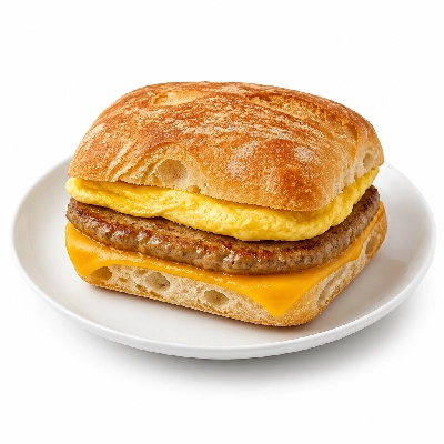 Au Bon Pain Breakfast Sandwiches 2 Eggs Sausage & Cheddar on Ciabatta