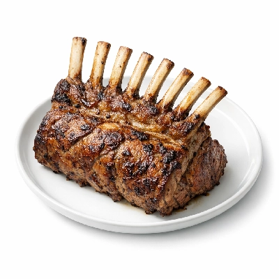 Lamb veal & game australian imported fresh rack roast frenched bone-in separable lean only trimmed to 1/8" fat cooked roasted