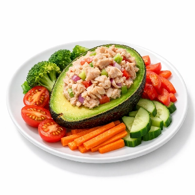 Avocado Stuffed Tuna with Raw Veggies