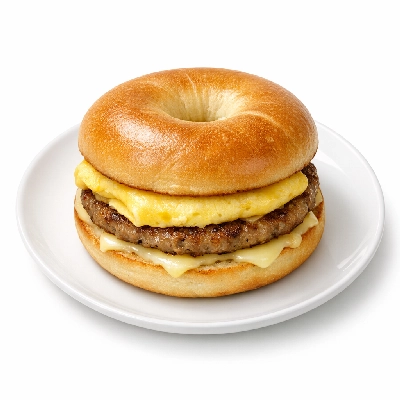 Bagel with egg, sausage patty, cheese, and condiments