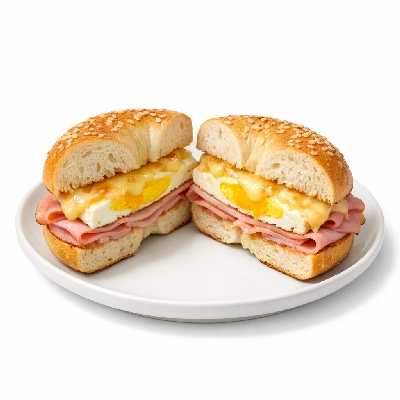 Bagel with ham, egg, and cheese