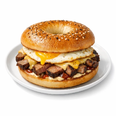 Bagel with steak egg cheese and condiments
