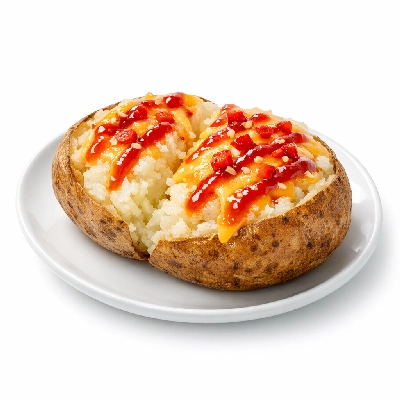 Potato baked and topped with cheese, sauce, chili