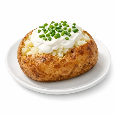 Potato baked and topped with sour cream, chives