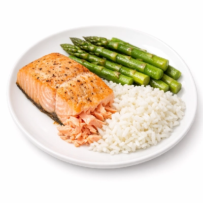 Baked Salmon, Asparagus & Rice