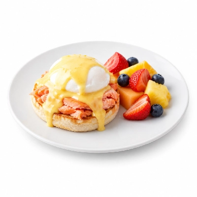 Bakers Square Breakfast Features Poached Salmon Benedict Fresh Fruit