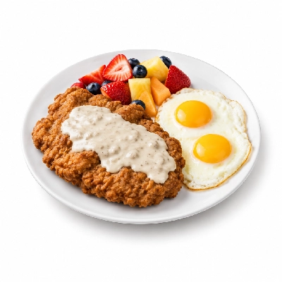 Bakers Square Breakfasts Chicken Fried Steak & Eggs Fresh Fruit (No Bread)