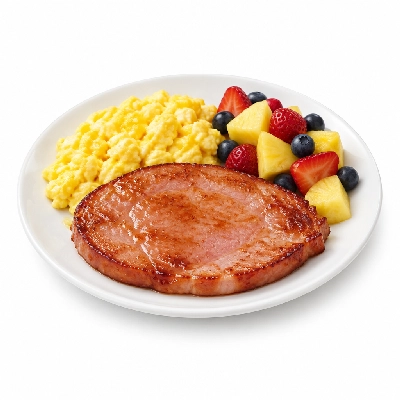 Bakers Square Breakfasts Ham Steak & Eggs Fresh Fruit (No Bread)