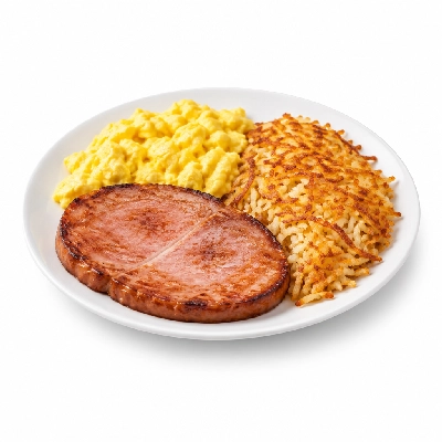 Bakers Square Breakfasts Ham Steak & Eggs Hash Browns (No Bread)
