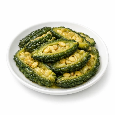 Balsam-pear bitter gourd pods cooked boiled drained with salt