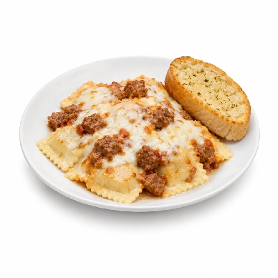 Barro's Pizza Pasta Ravioli with Mozzarella Cheese & Meatball Small White Garlic Bread