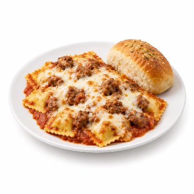 Barro's Pizza Pasta Ravioli with Mozzarella Cheese & Meatball White Garlic Bread