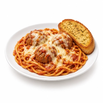 Barro's Pizza Pasta Spaghetti with Mozzarella Cheese & Meatball Small White Garlic Bread