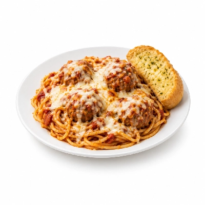 Barro's Pizza Pasta Spaghetti with Mozzarella Cheese & Meatballs White Garlic Bread