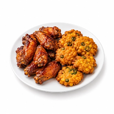 Beef 'O' Brady's Wings and Jalapeno Corn Fritters