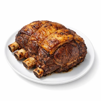 Beef rib eye roast bone-in lip-on separable lean and fat trimmed to 1/8" all grades cooked roasted