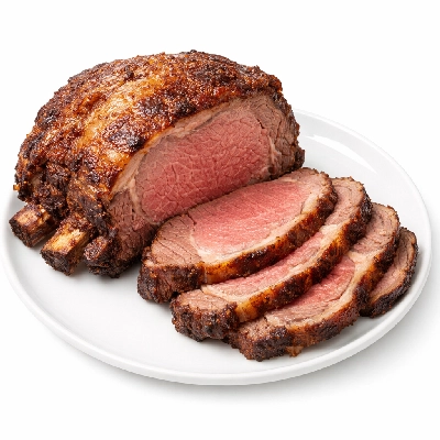 Beef rib eye roast bone-in lip-on separable lean only trimmed to 1/8" fat choice cooked roasted