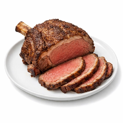 Beef rib eye roast bone-in lip-on separable lean only trimmed to 1/8" fat select cooked roasted