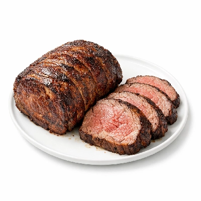 Beef rib eye roast boneless lip-on separable lean and fat trimmed to 1/8" all grades cooked roasted
