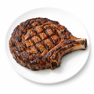 Beef rib eye steak bone-in lip-on separable lean and fat trimmed to 1/8" choice cooked grilled