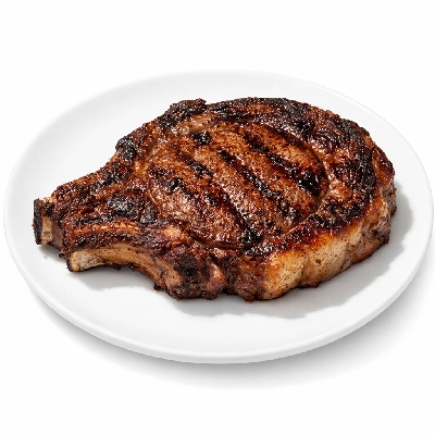 Beef rib eye steak bone-in lip-on separable lean and fat trimmed to 1/8" select cooked grilled