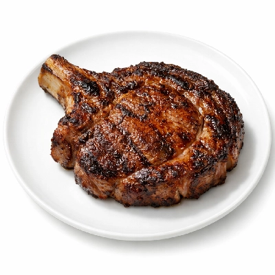 Beef rib eye steak bone-in lip-on separable lean only trimmed to 1/8" fat choice cooked grilled