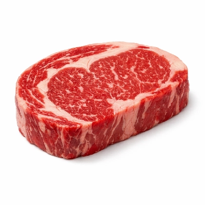 Beef rib eye steak boneless lip off separable lean and fat trimmed to 0" all grades raw
