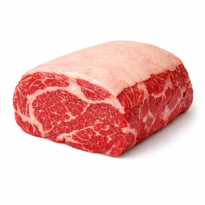 Beef rib eye steak roast boneless lip-on separable lean and fat trimmed to 1/8" choice raw