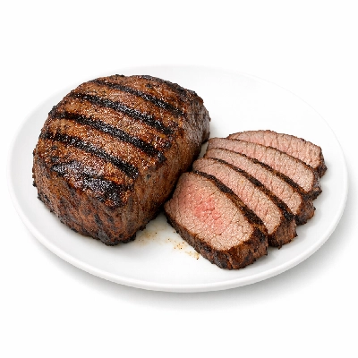 Beef round eye of steak boneless separable lean and fat trimmed to 0" all grades cooked grilled