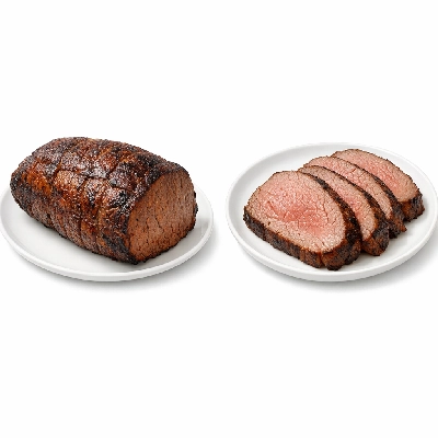 Beef round top roast boneless separable lean and fat trimmed to 0" choice cooked roasted