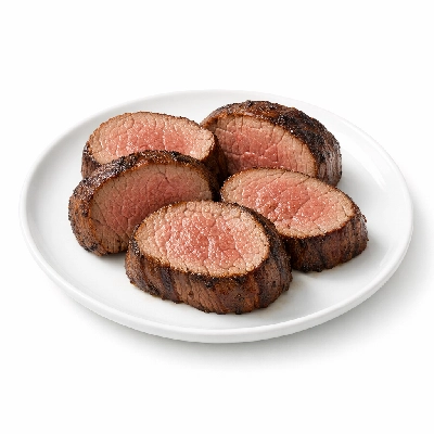 Beef short loin tenderloin separable lean only trimmed to 1/2" fat prime cooked roasted filet mignon medallions