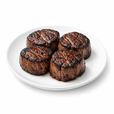 Beef short loin tenderloin separable lean only trimmed to 1/2" fat prime cooked broiled filet mignon medallions