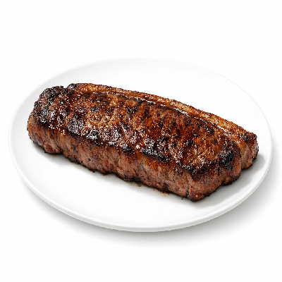 Beef short loin top loin (New York strip steak) broiled trimmed to 1/8" fat prime grade