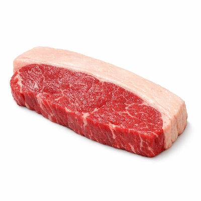 Beef short loin top separable lean and fat trimmed to 1/2" prime raw kansas city strip new york club steak