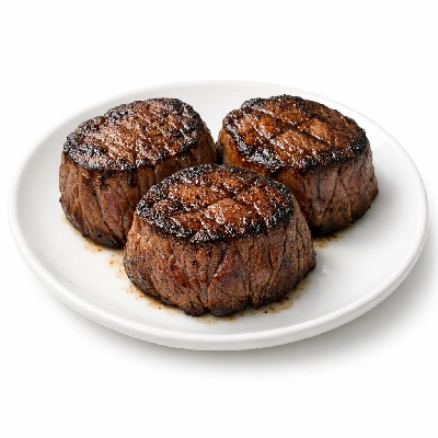 Beef tenderloin separable lean and fat trimmed to 0" all grades cooked broiled filet mignon medallions
