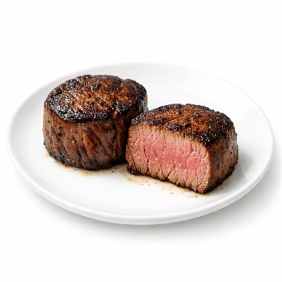 Beef tenderloin separable lean and fat trimmed to 0" choice cooked broiled filet mignon medallions