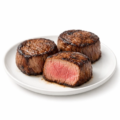 Beef tenderloin separable lean and fat trimmed to 1/4" all grades cooked roasted filet mignon medallions