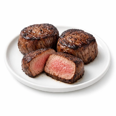 Beef tenderloin separable lean and fat trimmed to 1/4" choice cooked roasted filet mignon medallions
