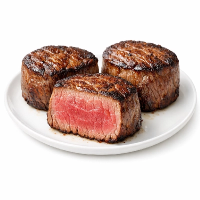 Beef tenderloin separable lean and fat trimmed to 1/4" prime cooked roasted filet mignon medallions