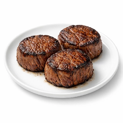 Beef tenderloin separable lean and fat trimmed to 1/8" select cooked roasted filet mignon medallions