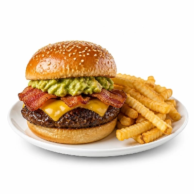 BJ's Restaurant & Brewhouse Bacon Guacamole Deluxe Burger with Fries