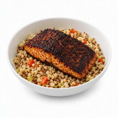 BJ's Restaurant & Brewhouse Barbacoa Cauliflower and Quinoa Power Bowl with Blackened Salmon