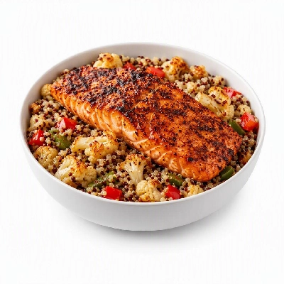 BJ's Restaurant & Brewhouse Barbacoa Cauliflower and Quinoa Power Bowl with Flame Broiled Salmon