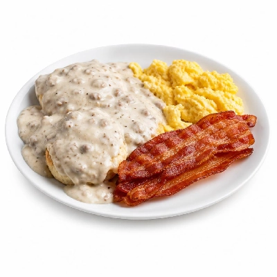 Black Bear Diner Breakfast Bear's Choice Biscuit Gravy and Eggs with Bacon