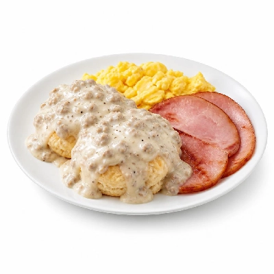 Black Bear Diner Breakfast Bear's Choice Biscuit Gravy and Eggs with Ham