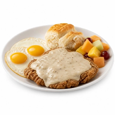 Black Bear Diner Breakfast Black Bear Standards Chicken Fried Steak & Eggs with Fruit and Biscuit